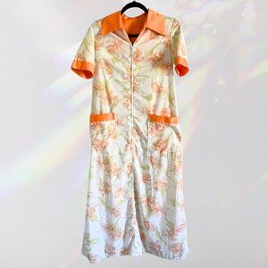 Wide Collar Handmade 70s Dressing Gown - Orange and White Floral